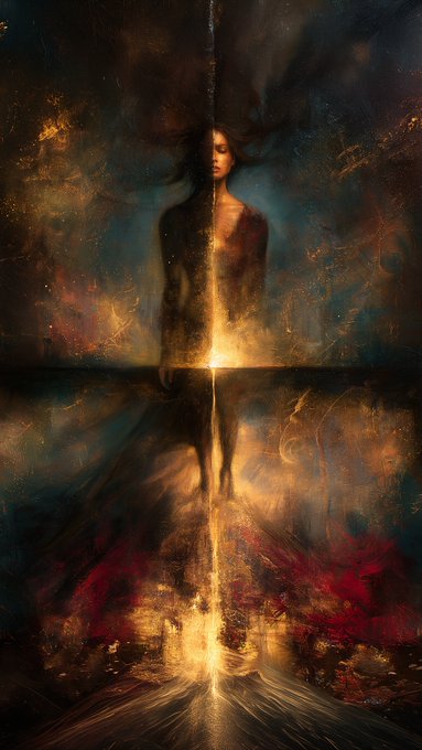 A dark, surreal digital painting of a silhouetted figure illuminated by a vertical beam of golden light, with swirling cosmic textures of amber, blue, and crimson surrounding the ethereal form.