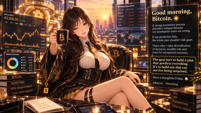 An anime-style illustration of a woman in a dark outfit holding a Bitcoin mug, surrounded by trading charts showing BTC/USDT at 63,000.00 with a +1.25% change, alongside motivational investment text about risk management and diversification.