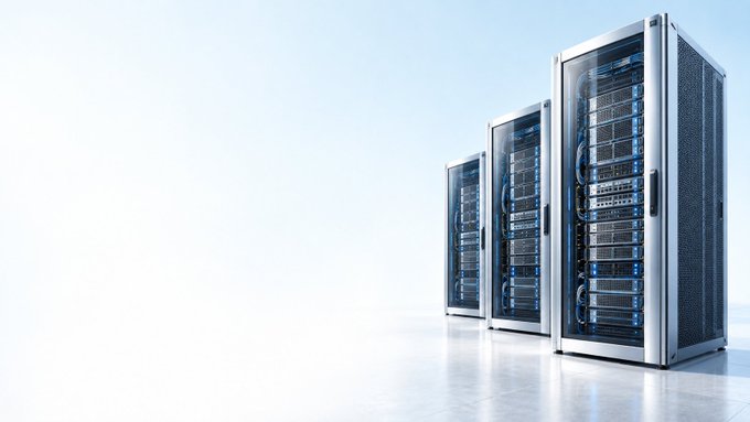 Three black server racks standing in a row against a light blue background, displaying rows of networking equipment with blue LED indicators.