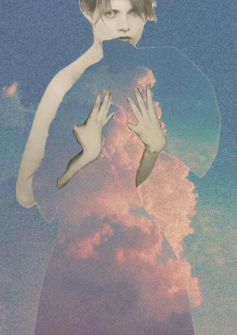 An artistic collage features a pale figure with hands overlaid on a background of pink clouds and a blue sky.