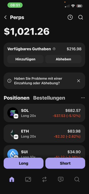 The image features a phone screen with a dark background, displaying a cell phone's interface for an online trading app called "PERSP." The app shows that there are long positions on seven different crypto assets and short positions on three of them. The remaining positions do not have prices shown yet.