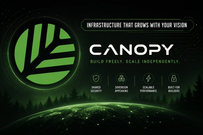 A sleek dark promotional graphic for "CANOPY" featuring a green leaf-themed circular logo, a wireframe globe, and a forest silhouette, with the tagline "INFRASTRUCTURE THAT GROWS WITH YOUR VISION — BUILD FREELY. SCALE INDEPENDENTLY." and four feature icons highlighting "Shared Security," "Sovereign Appchains," "Scalable Performance," and "Built for Builders," visually reinforcing the post's argument that Canopy (@CNPYNetwork) differentiates itself from token-focused launchpads by offering full network infrastructure rather than just tokens.