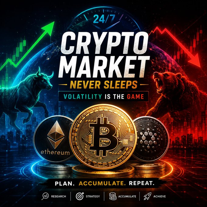 A promotional crypto poster reading "CRYPTO MARKET NEVER SLEEPS - VOLATILITY IS THE GAME" with "24/7" clock imagery, bull and bear figures, Bitcoin/Ethereum/Cardano coins, and "PLAN. ACCUMULATE. REPEAT." at the bottom.