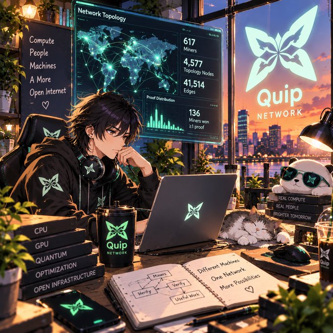 An anime-style promotional image for "Quip Network" featuring a person at a laptop with statistics like "617 Miners" and "4,577 Topology Nodes," alongside the slogans "Compute People Machines A More Open Internet" and "Different Machines One Network More Possibilities."
