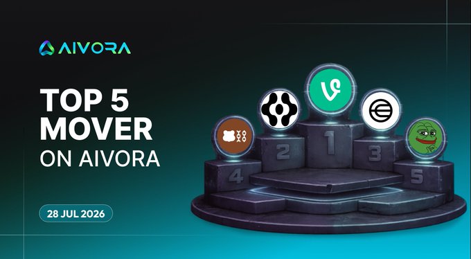 A promotional graphic for AIVORA titled 'TOP 5 MOVER ON AIVORA' dated '28 JUL 2026', displaying a 3D podium with various cryptocurrency token logos in the ranking positions against a teal background.