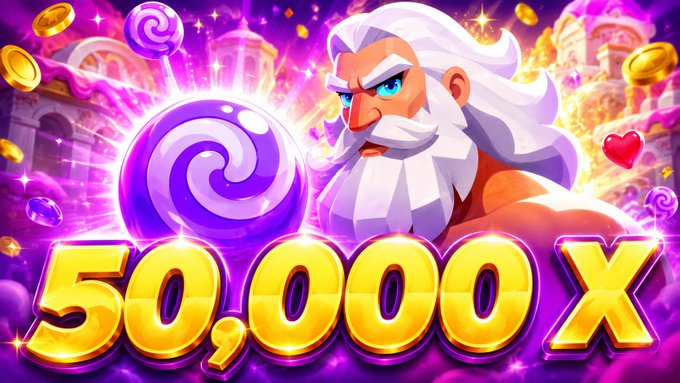 A vibrant, cartoon-style promotional image featuring a white-bearded Zeus-like figure with a glowing purple lollipop, surrounded by gold coins, hearts, and candy against a fantasy castle backdrop, with the large golden text "50,000X" displayed prominently—visually emphasizing the massive multiplier potential of the $50 Kick giveaway stake.