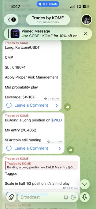 A screenshot of a Telegram channel called 'Trades by KOME' showing pinned trade alerts for 'Long: Fartcoin/USDT' at 0.19074 with 5X-10X leverage, and a trade on $WLD.