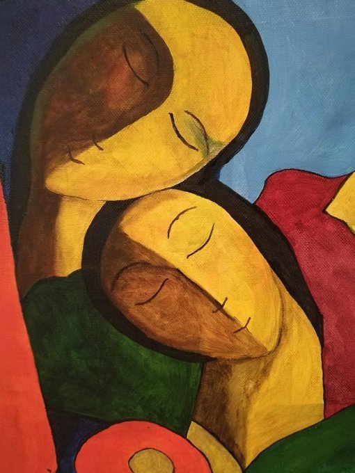 A cubist-style painting depicting two figures with closed eyes, one resting its head on the other's shoulder, rendered in warm yellow and brown tones with vibrant red, green, and blue color blocks.