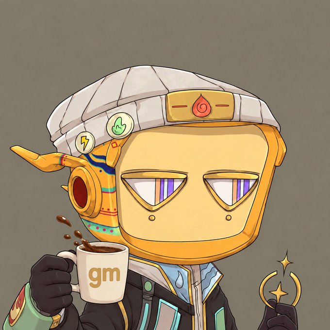 A digital illustration of a stylized, blocky-headed character with purple-striped eyes, wearing a white head wrap with a red swirl symbol, holding a coffee mug labeled 'gm' in one hand and a glowing moon symbol in the other.