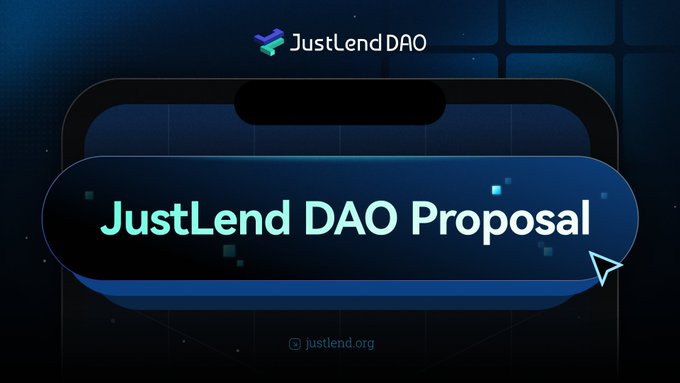 The image features a poster for JustLend DAO's Proposal #40, which is an expansion of their governance update that focuses on bringing $U into the lending layer and making it productive across the ecosystem. The poster includes a blue banner with white text that reads "JustLend DAO Proposal" and an arrow pointing to the left side of the image.