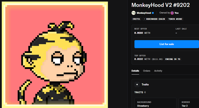 A digital trading interface displaying an NFT titled "MonkeyHood V2 #9202" featuring a pixelated monkey character, with details like traits ("Strawberry" background, "Tier 2" border) and current offers.
