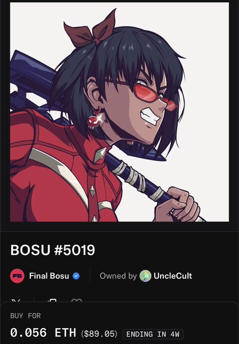 An anime-style illustration of a female character with a red bow and red glasses holding a sword, listed as 'BOSU #5019 - Final Bosu' for sale at 0.056 ETH ($89.05).
