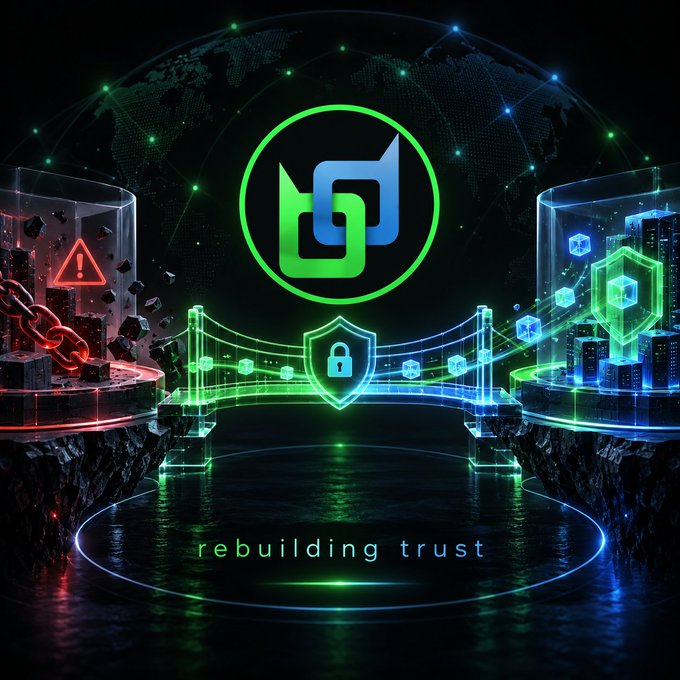 A digital graphic featuring a green and blue logo in the center with the text 'rebuilding trust' below, set against a background of a glowing bridge connecting two cyberpunk-style cityscapes, with a warning sign and padlock icon symbolizing blockchain security.