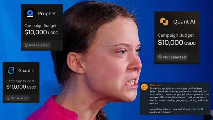 The image features a close-up of a person's face with two text boxes positioned below their head that read "Quint AI" and "$10,000 USDC". Another text box, slightly larger than the first one, also displays an error message stating "Campaign Budget Not Selected". The image contains various other text boxes with different descriptions related to the campaign.