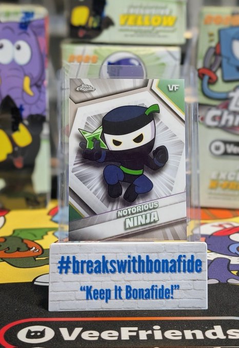 The image features a "VeeFriends Chrome Notorious Ninja VF" card in a green parallel variant, displayed on a "#breakswithbonafide 'Keep It Bonafide!'" stand, matching the post's highlight of the Green SSP variant.