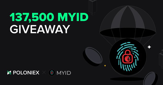A black promotional banner for a "137,500 MYID GIVEAWAY" partnership between Poloniex and MYID, featuring a fingerprint icon inside a red lock.