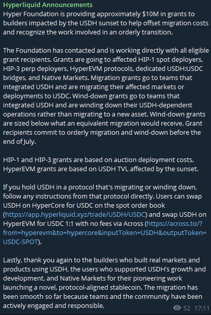 The image displays a Hyperliquid Foundation announcement providing approximately $10M in grants to builders affected by the USDH sunset, with grants going to HIP-1 spot deployers, HIP-3 perp deployers, HyperEVM protocols, and Native Markets for orderly migration costs. The caption correctly notes this is a $10M grant (not $10B) aimed at helping ecosystem participants transition away from USDH to USDC, as Hyperliquid directly supports the impacted builders rather than leaving migration to chance.