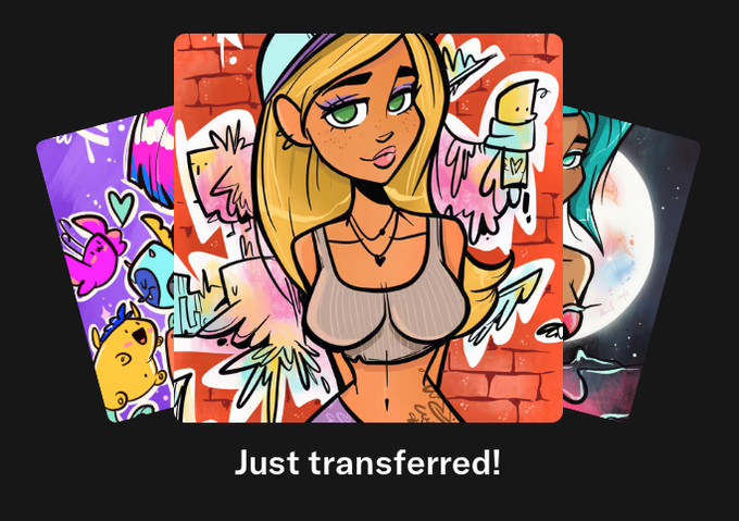 A digital NFT-style artwork showing an animated blonde female character with wings and a spray can in front of a brick wall, with the text "Just transferred!" displayed below.