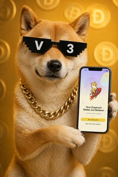 A Shiba Inu dog wearing pixelated 'V3' sunglasses and a gold chain holds a smartphone displaying a Dogecoin wallet app, set against a gold Bitcoin-patterned background.