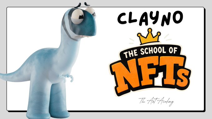 A promotional banner featuring a blue clay-style dinosaur character next to the text 'CLAYNO THE SCHOOL OF NFTs' with a crown logo and 'The Art Academy' tagline.