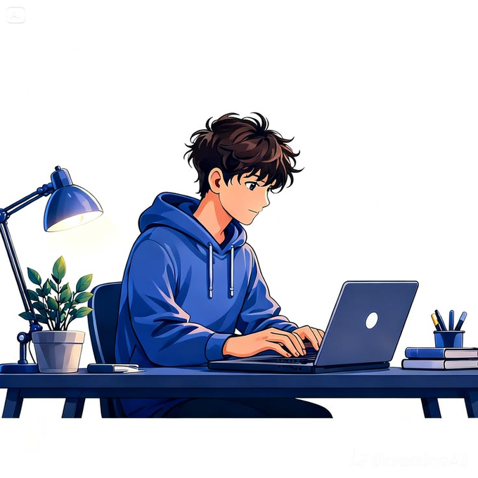 An anime-style illustration depicts a young man with dark curly hair wearing a blue hoodie, sitting at a desk working on a laptop beside a potted plant and a desk lamp.