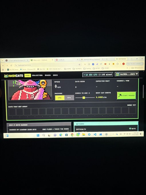 A computer monitor displays the HashCats mining website, showing a pink pixelated cat NFT (#1966) with stats indicating "49,856 GHS" speed, "68,675 I3 106" mined, and a balance of "0x23f66...1982", with options to mine via CPU or GPU and a green "START MINING" button. The image supports the post's claim about mining HashCats NFTs, showing the platform where users can rent GPU power to mine instead of risking their personal hardware.