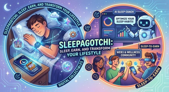 A promotional graphic advertises "SLEEPAGOTCHI: SLEEP, EARN, AND TRANSFORM YOUR LIFESTYLE", featuring cartoon people, an AI sleep coach, and digital collectibles.
