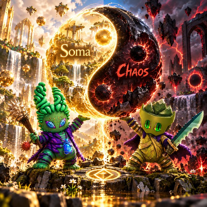 A vibrant fantasy illustration showing two whimsical characters in front of a yin-yang sphere divided into 'Soma' (a golden, lush paradise) and 'Chaos' (a dark, fiery realm with floating rocks), with one green character holding a spiked club and another wearing a crown and holding a sword.