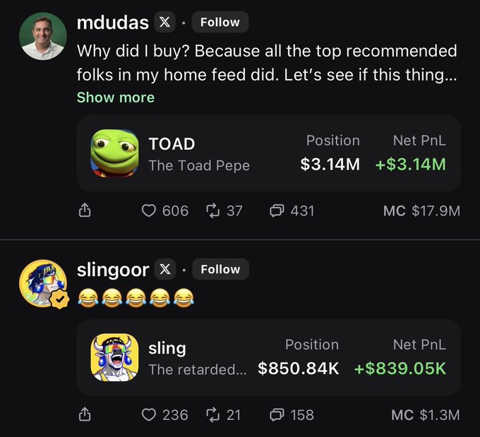 Social media posts showing crypto trading gains: user 'mdudas' profiting $3.14M on TOAD (The Toad Pepe) with $17.9M market cap, and user 'slingoor' profiting $839.05K on 'sling' with $1.3M market cap.