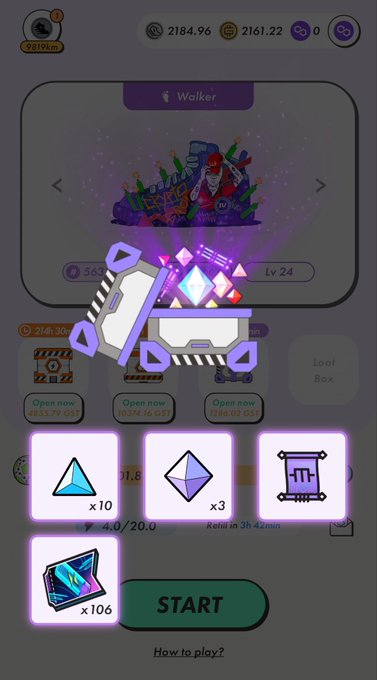 A mobile game screenshot shows a 'Walker' character at level 24 with various collectible items including 10 blue triangles, 3 purple diamonds, 111 scrolls, and 106 cards, with a 'START' button to begin gameplay.