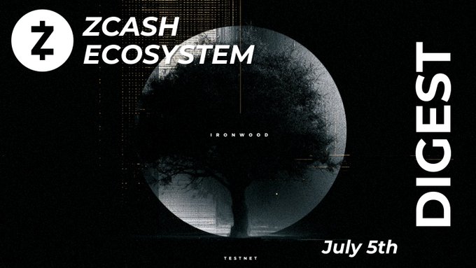 A dark promotional graphic for the Zcash Ecosystem featuring a stylized tree within a sphere, labeled 'IRONWOOD' and 'TESTNET', with 'ZCASH ECOSYSTEM' and 'DIGEST July 5th' text.