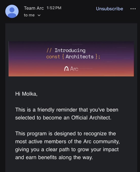 An email from 'Team Arc' to a user named 'Molka' announcing the introduction of 'const {Architects}' and notifying them of selection as an Official Architect in the Arc community.