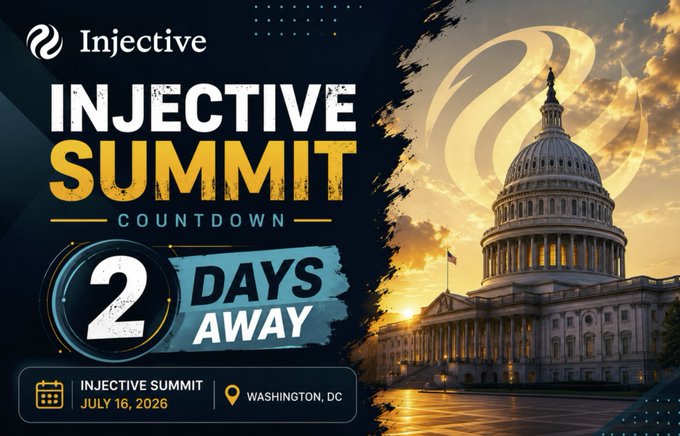 A promotional graphic for the 'Injective Summit Countdown' showing '2 DAYS AWAY'. It features the Injective logo, the US Capitol building at sunset, and event details: 'INJECTIVE SUMMIT, JULY 16, 2026, WASHINGTON, DC'.