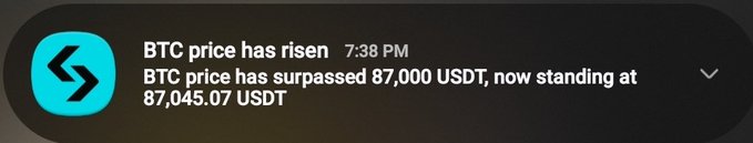 A notification message reading 'BTC price has risen' at 7:38 PM states 'BTC price has surpassed 87,000 USDT, now standing at 87,045.07 USDT' with the Bitstamp logo.