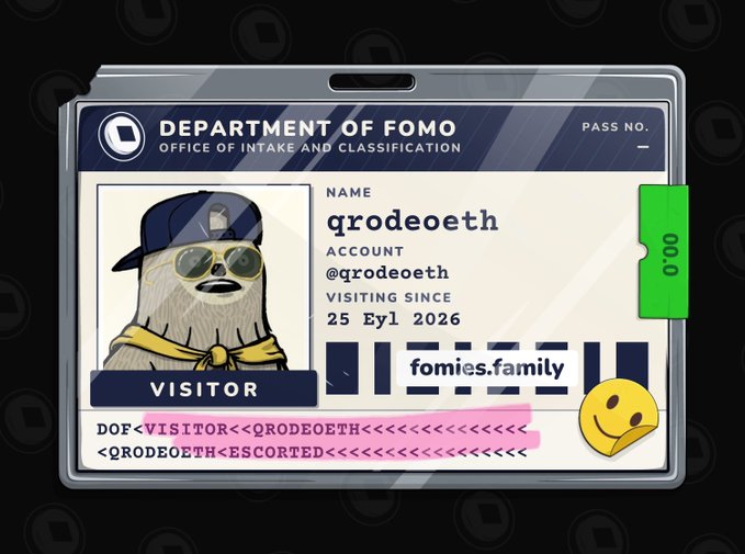Another 'Department of Fomo' visitor badge for username 'qrodeoeth' (@qrodeoeth) visiting since 25 Eyl 2026, features a sloth avatar wearing a cap and sunglasses, with a barcode and 'fomies.family' text.