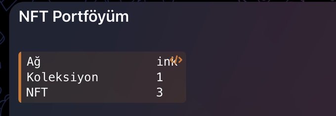 The image shows an "NFT Portföyüm" (My NFT Portfolio) card displaying that the user holds 1 collection and 3 NFTs on the "ink" network. This relates to the post by showing the result of the user's successful mint on the Ink network, where they used a bot to quickly purchase NFTs from a 4,444 supply collection before it sold out, bypassing the usual lengthy process of transferring funds and bridging to the Ink network.