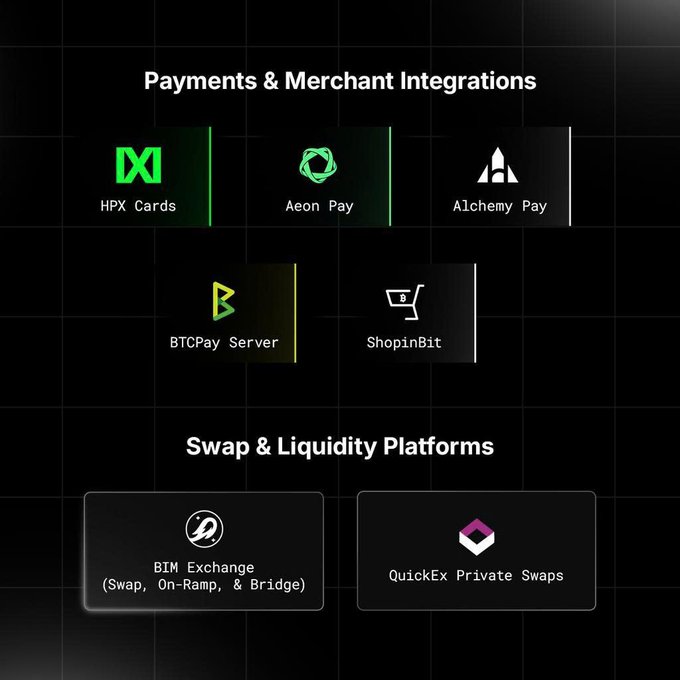 An infographic showing cryptocurrency 'Payments & Merchant Integrations' including HPX Cards, Aeon Pay, Alchemy Pay, BTCPay Server, ShopinBit, and 'Swap & Liquidity Platforms' like BIM Exchange and QuickEx Private Swaps.
