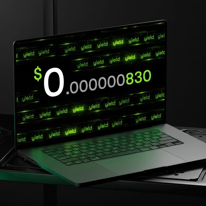 A laptop displaying "$0.000000830" in bold text surrounded by repeating "yield" text in green, illustrating SuperVault's real-time yield streaming feature as opposed to traditional yield products that hide returns within balances.