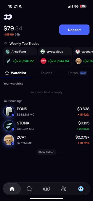 A mobile app screenshot of a crypto portfolio showing a balance of $79.34, with tabs for Watchlist, Tokens, and Perps, and holdings including PONS, STONK, and ZCAT.