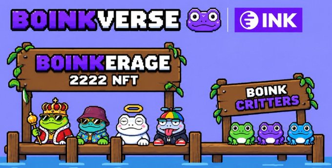 A pixel-art style graphic for 'BOINKVERSE' featuring a 'BOINKERAGE 2222 NFT' banner above a row of cartoon frogs, alongside a 'BOINK CRITTERS' sign showing three colored frogs, with the 'INK' logo in the corner.