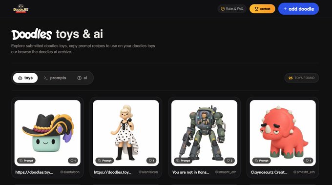 The Doodles website showing a 'Doodles toys & ai' page with various 3D toy characters available for browsing.
