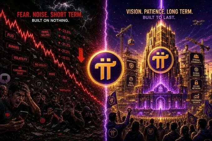 Split-screen crypto poster contrasting fear/panic (FUD, -23.6%, -31.2%, HYPE) with vision/utility (STRONG COMMUNITY, REAL UTILITY, SUSTAINABLE GROWTH) around a Pi coin logo.