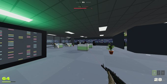 A first-person shooter game scene shows the player holding an AK-47 with 28 bullets in a server room environment, featuring green-lit ceiling panels, server racks with colorful displays, and a health indicator of 64. The image serves as a teaser or stream thumbnail for the upcoming live stream by @clapdxyz, promoting an airdrop opportunity where viewers can submit their $SOL wallets.