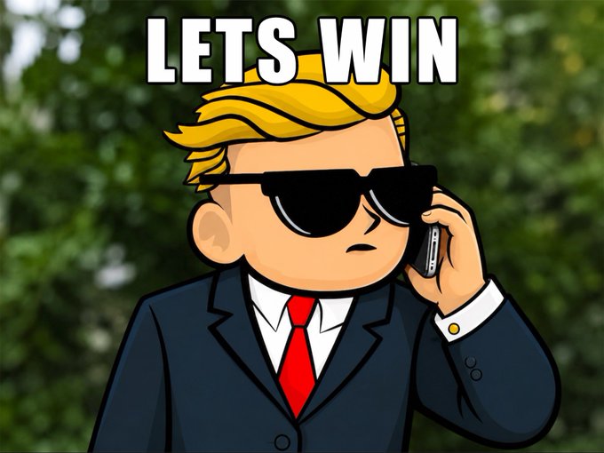 Cartoon figure styled like Donald Trump wearing sunglasses and a red tie, talking on a phone with the text 'LETS WIN' displayed above against a green foliage background.