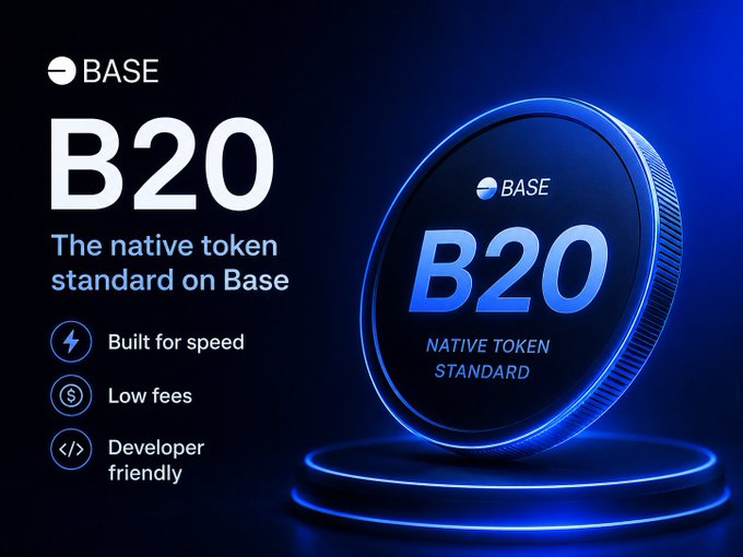 A promotional graphic for "B20" on Base, featuring a glowing blue 3D coin labeled "B20 - Native Token Standard" alongside the tagline "The native token standard on Base" and features including "Built for speed," "Low fees," and "Developer friendly." The image visually reinforces the post's claim that B20 is not a single token but rather foundational infrastructure designed to power many future assets on the Base network.