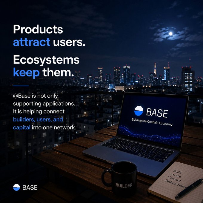 The image shows an open laptop computer sitting on top of a wooden table with a cup of coffee next to it. The background features a city skyline at night, creating a contrast between the digital world represented by the laptop and the physical environment surrounding it. The caption below the image reads "Base is not only supporting applications but also helping connect builders, users, and capital into one network". This message emphasizes the importance of ecosystems in sustaining long-term user engagement with web3 apps like Base Builder.