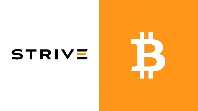 The image shows a split graphic with the "STRIVE" logo on a white background on the left and the white Bitcoin "₿" symbol on an orange background on the right, visually representing Strive's growing Bitcoin treasury holdings of over 35,000 BTC as mentioned in the accompanying post.