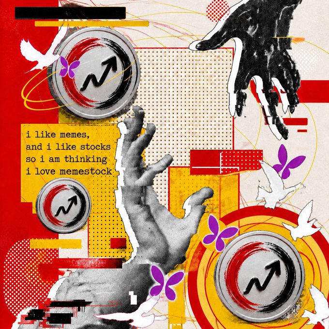 A vibrant red and yellow collage-style artwork featuring hands, upward arrows, butterflies, and doves, with a yellow text box reading 'i like memes, and i like stocks so i am thinking i love memestock'.