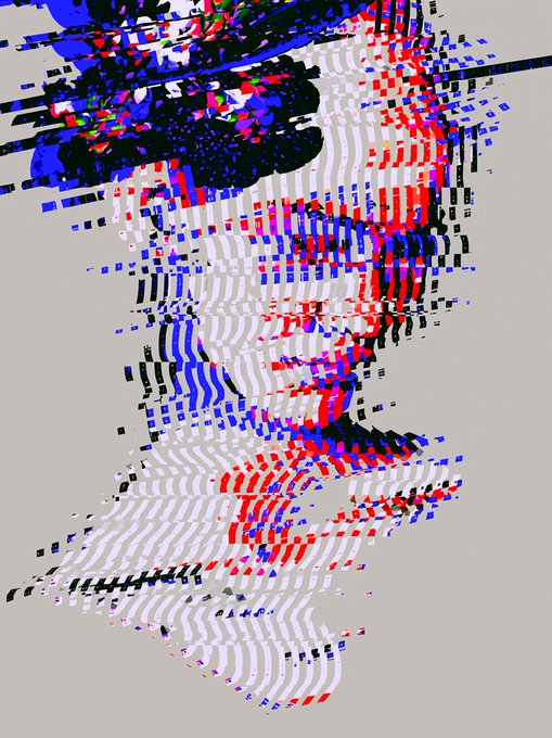 A glitched digital artwork showing a distorted, pixelated figure composed of fragmented red, blue, black, and white geometric shapes against a plain gray background.