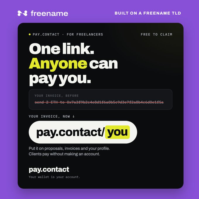 An advertisement on a purple background for 'pay.contact' by 'freename', with the tagline 'One link. Anyone can pay you.'